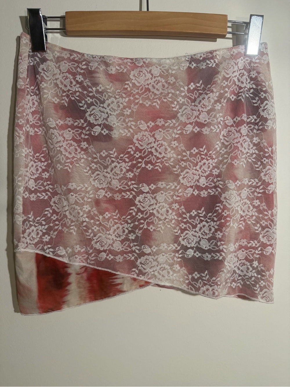 Asymmetrical Pink Lace Overlay Mini Skirt